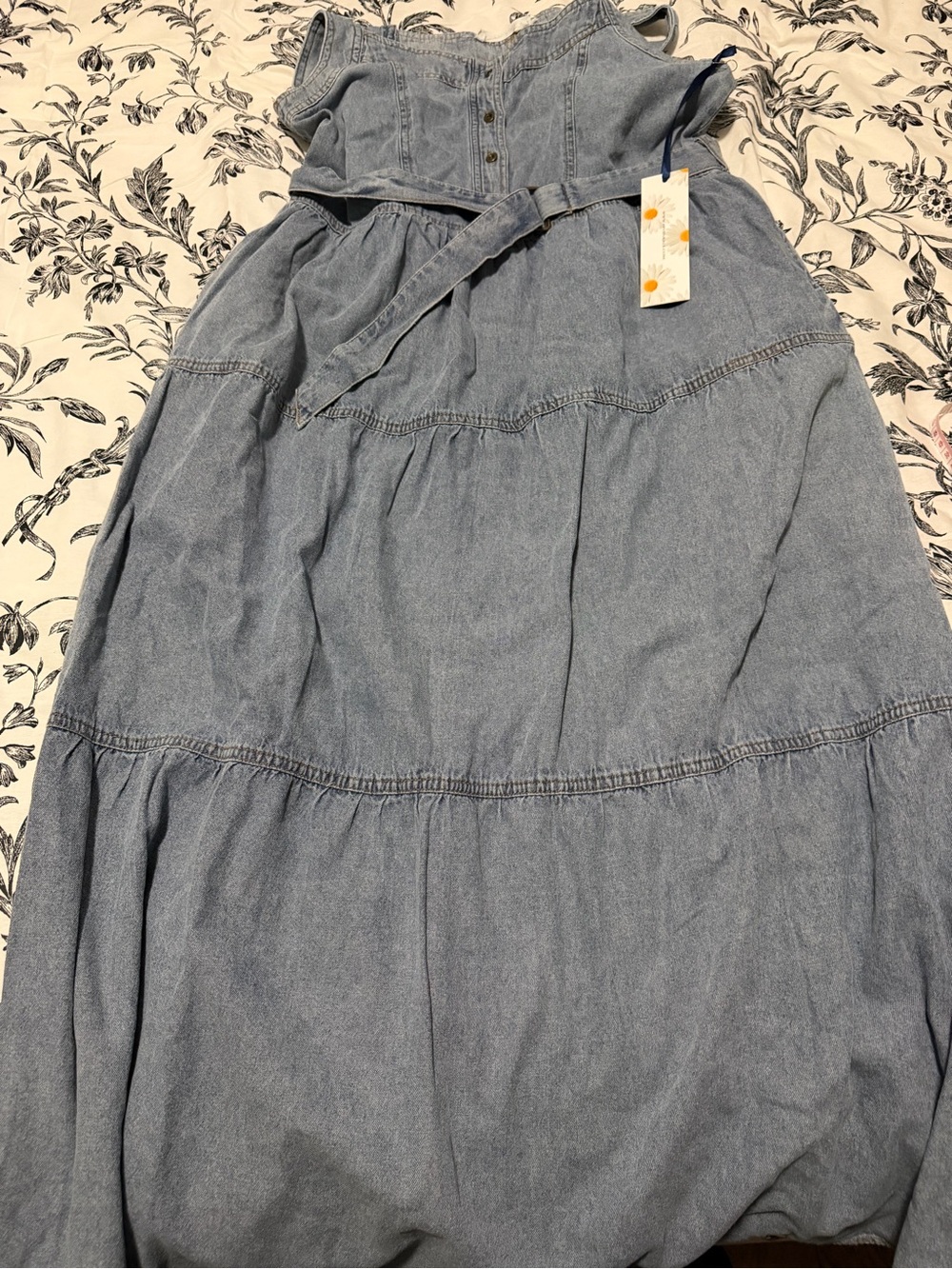 Light Blue Denim Tiered Maxi Skirt with Belt